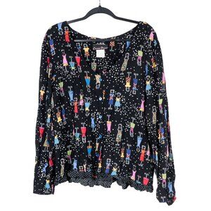 Cactus Flower VTG Fashion Blouse XL Womens Button Up Black Models Rayon USA